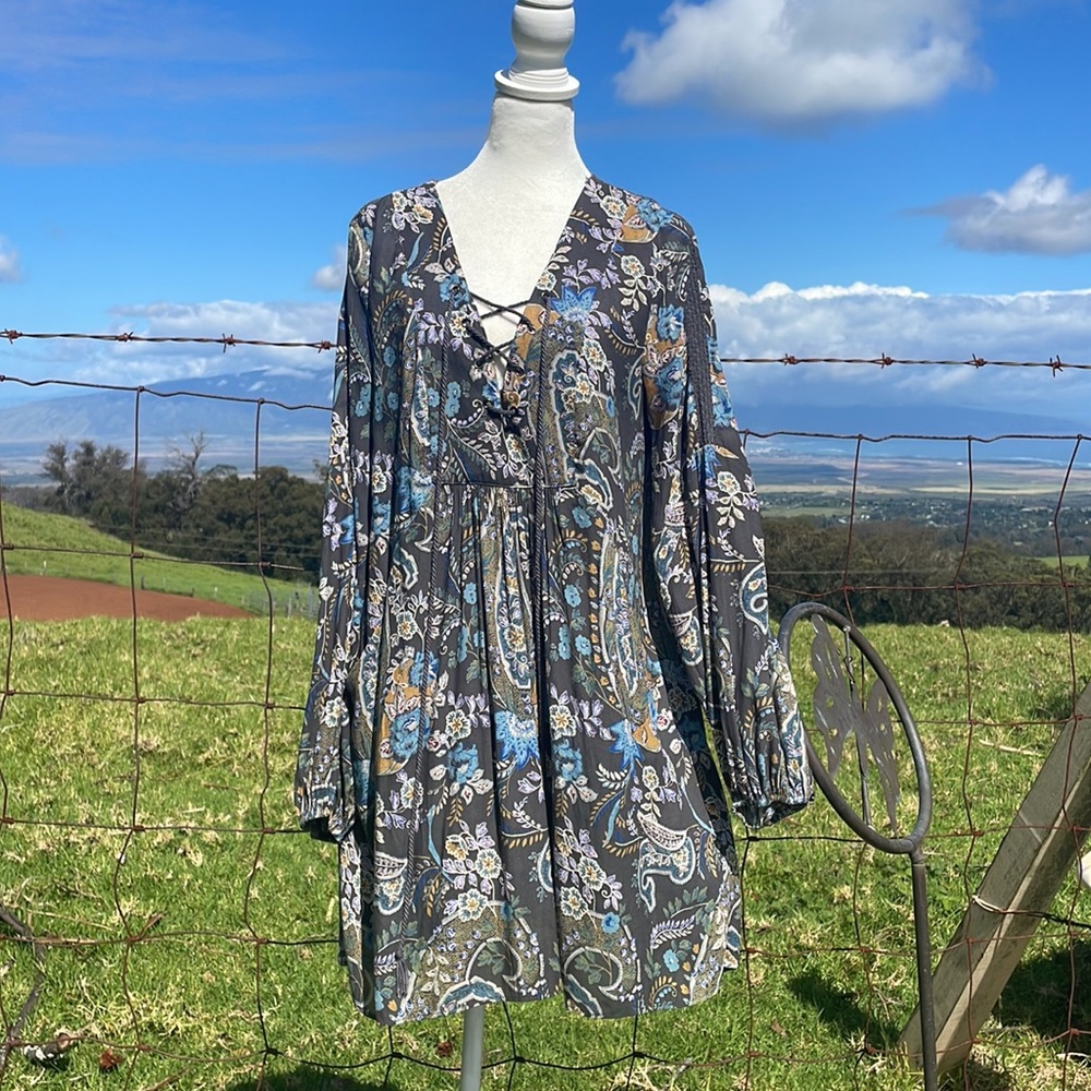 Free People Floral Tunic in Black and Blue